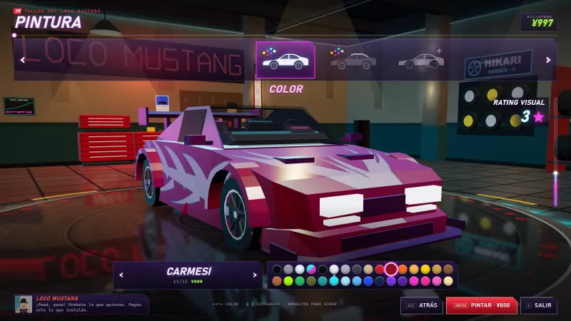 Customising the JDM coupe in Loco Mustang's garage: rims, body kit, paint and cyberpunk decals