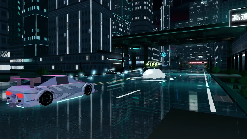 A bolt of lightning fired from the combustion coupe hits an electric car on a neon cyberpunk street