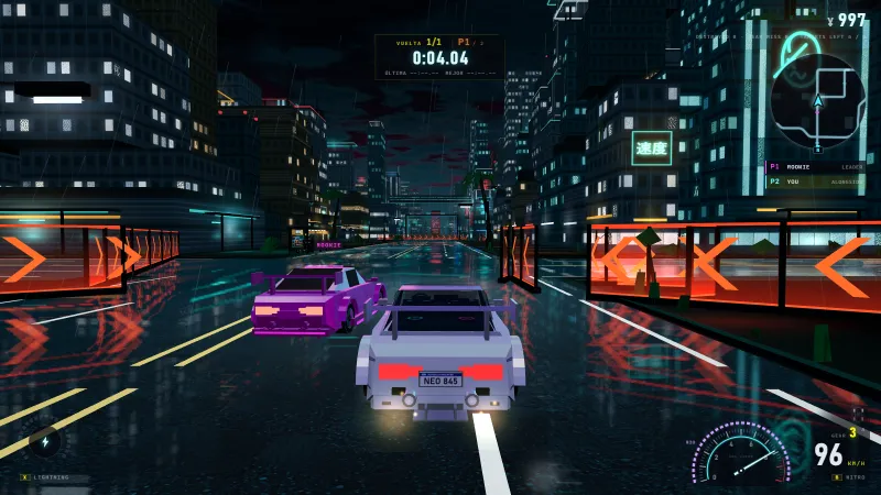 Night city racing in Rayo Bandido: the coupe chasing rivals between holographic barriers, with the race HUD showing lap and position